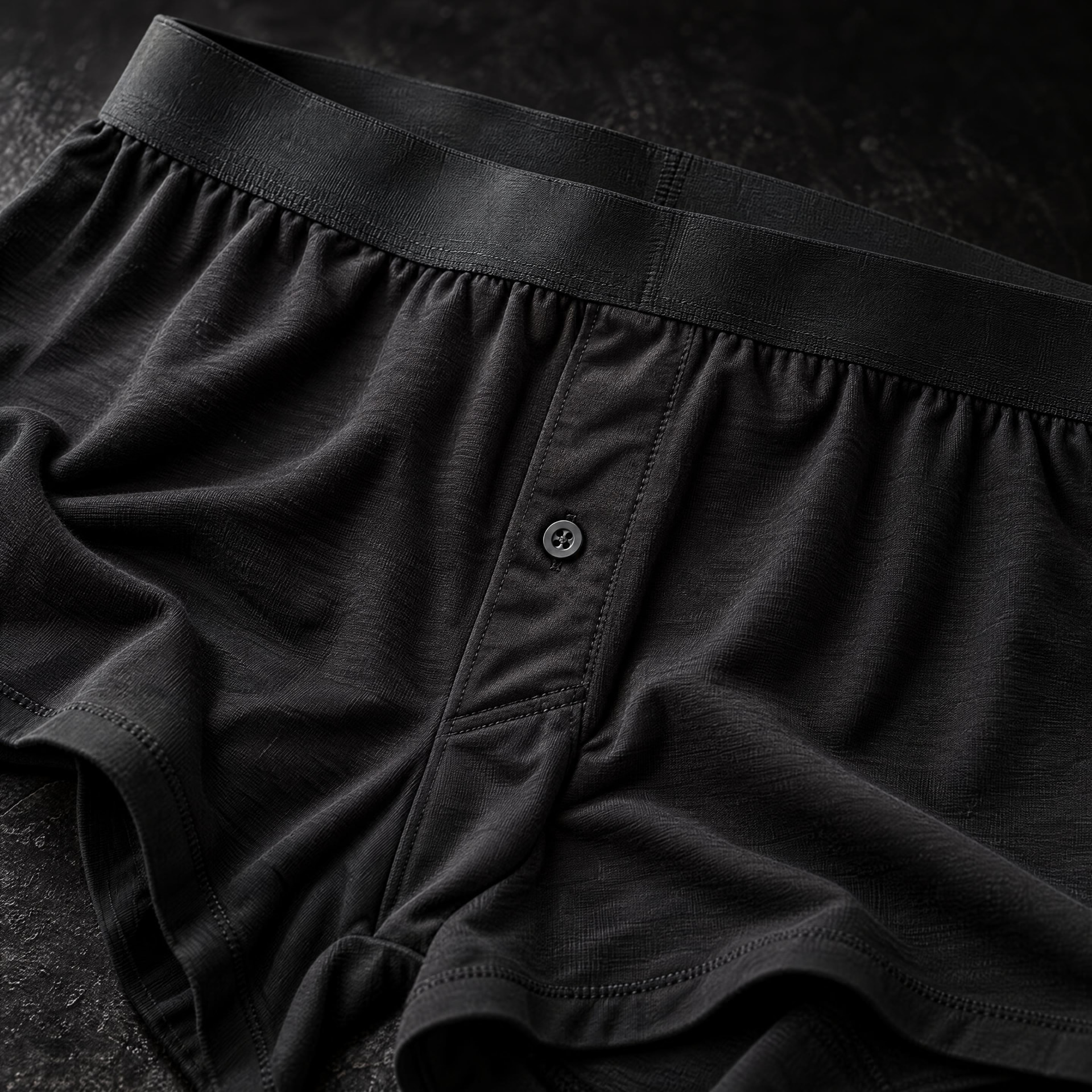 Detailansicht der Unterhose: Bund, Knopf und Naht